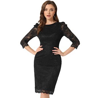 Women's Elegant Lace Floral Crew Neck 3/4 Sleeve Bodycon Wedding Guest Cocktail Dress