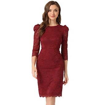 Women's Elegant Lace Floral Crew Neck 3/4 Sleeve Bodycon Wedding Guest Cocktail Dress