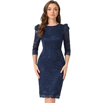 Women's Elegant Lace Floral Crew Neck 3/4 Sleeve Bodycon Wedding Guest Cocktail Dress