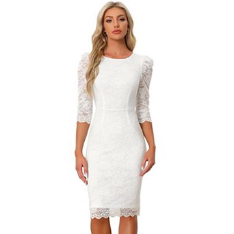 Women's Elegant Lace Floral Crew Neck 3/4 Sleeve Bodycon Wedding Guest Cocktail Dress