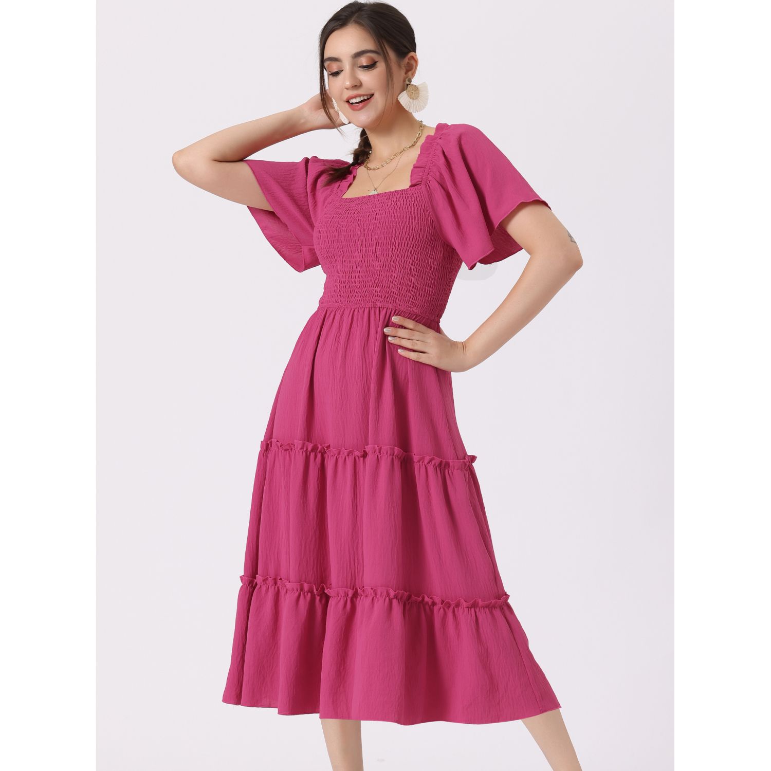 Allegra K Women's Boho Midi Dress – Square Neck Flutter Sleeve Tiered Smocked Dress