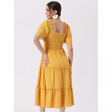 Boho Midi Dress For Women Square Neck Flutter Short Sleeve Tiered Flowy Smocked Dress
