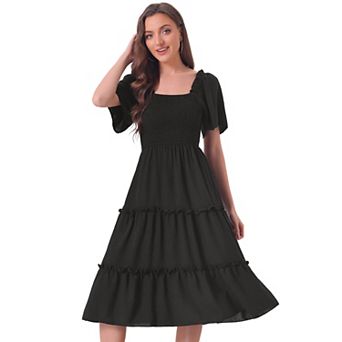 Boho Midi Dress For Women Square Neck Flutter Short Sleeve Tiered Flowy Smocked Dress