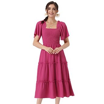 Boho Midi Dress For Women Square Neck Flutter Short Sleeve Tiered Flowy Smocked Dress