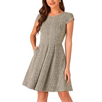 Plaid Tweed Dress For Women Round Neck Cap Sleeve A-line Vintage Pleated Dresses