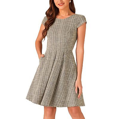 ☆VOCAVACA☆TWEED A LINE DRESS Plaid Tweed Dress For Women Round Neck Cap Sleeve A-line