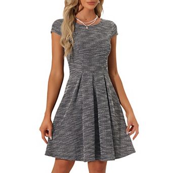 Plaid Tweed Dress For Women Round Neck Cap Sleeve A-line Vintage Pleated Dresses
