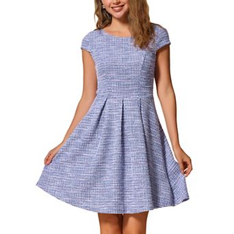 Plaid Tweed Dress for Women Round Neck Cap Sleeve A-Line Vintage Pleated Dresses