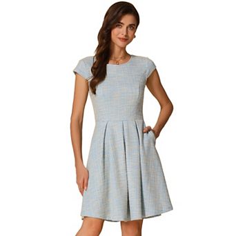 Plaid Tweed Dress For Women Round Neck Cap Sleeve A-line Vintage Pleated Dresses