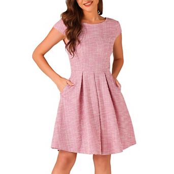 Plaid Tweed Dress For Women Round Neck Cap Sleeve A-line Vintage Pleated Dresses