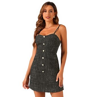 Plaid Dress For Women Button Decor Spaghetti Strap Tweed Dresses