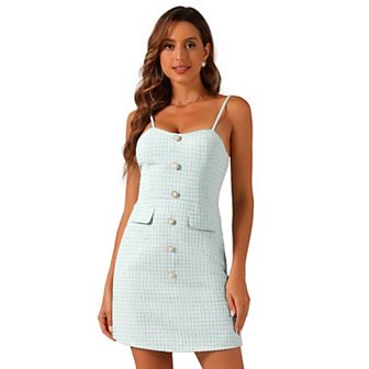 Plaid Dress For Women Button Decor Spaghetti Strap Tweed Dresses