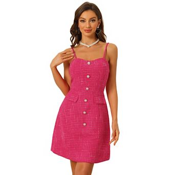 Plaid Dress For Women Button Decor Spaghetti Strap Tweed Dresses