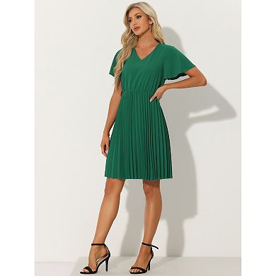 Casual Pleated Dress For Women V Neck Belted Short Flutter Sleeve Dresses