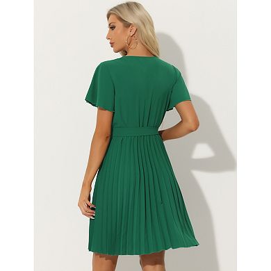 Casual Pleated Dress For Women V Neck Belted Short Flutter Sleeve Dresses