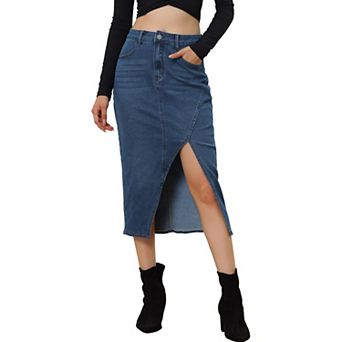 Women's Denim Skirt Casual High Waisted Front Slit Knee Length Jean Skirts