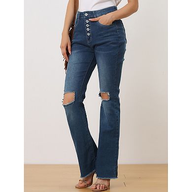 Women's Bell Bottom Jeans High Waist Button Up Ripped Flare Jeans Fitted Denim Pants