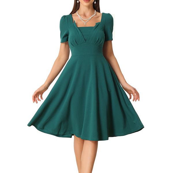 Square Neck Vintage Dress For Women Short Sleeve High Waist Elegant Dresses
