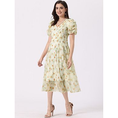 Floral Print Dress for Women Short Sleeve Cinched Waist Long Dresses