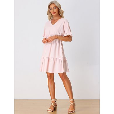 Boho V Neck Short Sleeves Smocked Waist Dress For Women Ruffled Tiered Hem Peasant Bohemia Dress