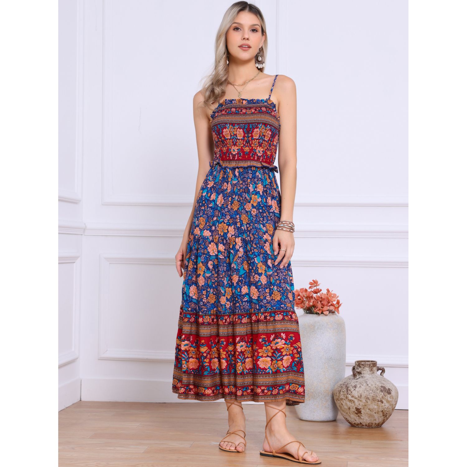 Boho Floral Dresses For Women Summer Spaghetti Strap A-line Flowy Smocked  Maxi Dress