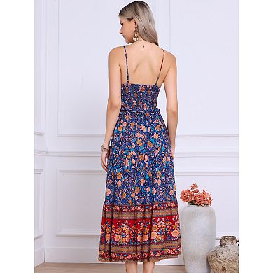 Boho Floral Dresses for Women Summer Spaghetti Strap A-Line Flowy Smocked Maxi Dress