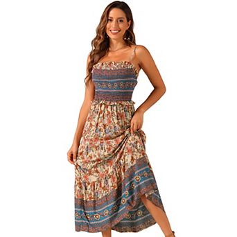 Boho Floral Dresses For Women Summer Spaghetti Strap A-line Flowy Smocked Maxi Dress