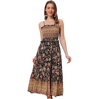 Boho Floral Dresses For Women Summer Spaghetti Strap A-line Flowy Smocked Maxi Dress