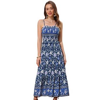 Boho Floral Dresses For Women Summer Spaghetti Strap A-line Flowy Smocked Maxi Dress