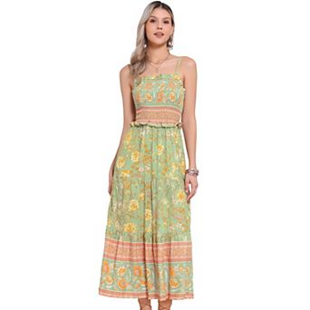 Boho Floral Dresses For Women Summer Spaghetti Strap A-line Flowy Smocked Maxi Dress