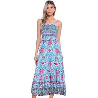 Boho Floral Dresses For Women Summer Spaghetti Strap A-line Flowy Smocked Maxi Dress