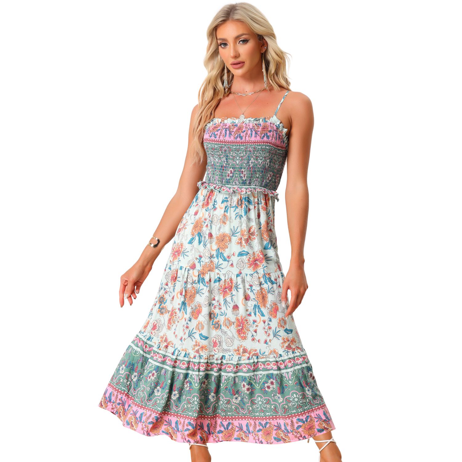 Boho Floral Dresses For Women Summer Spaghetti Strap A-line Flowy Smocked  Maxi Dress