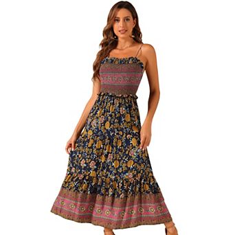 Boho Floral Dresses For Women Summer Spaghetti Strap A-line Flowy Smocked Maxi Dress