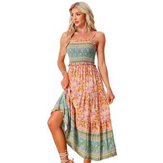 Boho Floral Dresses for Women Summer Spaghetti Strap A-Line Flowy Smocked Maxi Dress