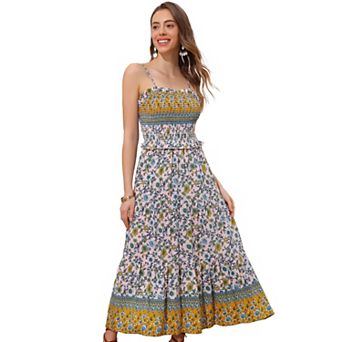 Boho Floral Dresses For Women Summer Spaghetti Strap A-line Flowy Smocked Maxi Dress