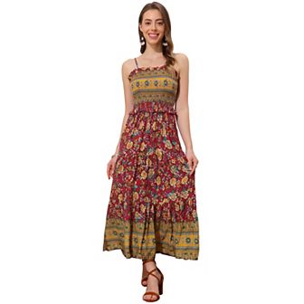 Boho Floral Dresses For Women Summer Spaghetti Strap A-line Flowy Smocked Maxi Dress
