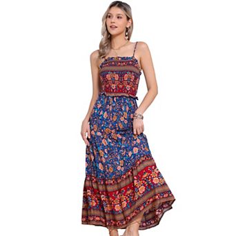 Boho Floral Dresses For Women Summer Spaghetti Strap A-line Flowy Smocked Maxi Dress
