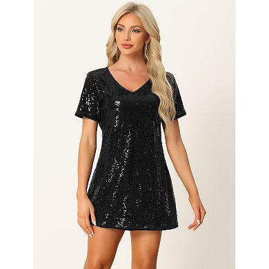 Women's Glitter Sequin Dress V Neck Short Sleeve Mini Clubwear Party Dress