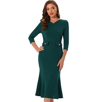 Vintage Bodycon Fishtail Dress For Women 3/4 Sleeve Work Church Cocktail Dresses