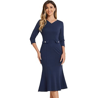 Vintage Bodycon Fishtail Dress For Women 3/4 Sleeve Work Church Cocktail  Dresses