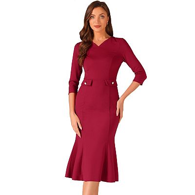 bodycon church dresses UDAUDU Women's Short Sleeve Dress Side Slit Ruched Bodycon Cocktail Party  Wedding Guest Midi Dress Work Office Trendy Dresses Deep Red 2XL