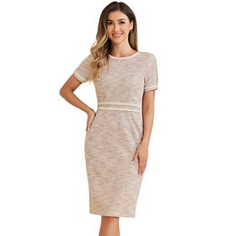 Tweed Dress for Women Crew Neck Wear to Work Office Bodycon Pencil Midi Dress