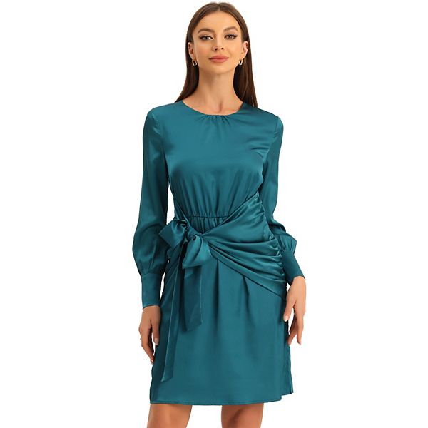 Tie Waist Satin Dress For Women Long Sleeve Ruched Round Neck Cocktail