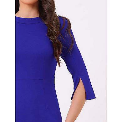 Office Sheath Dress For Women 3/4 Sleeves Belted Mock Neck Pencil Dresses