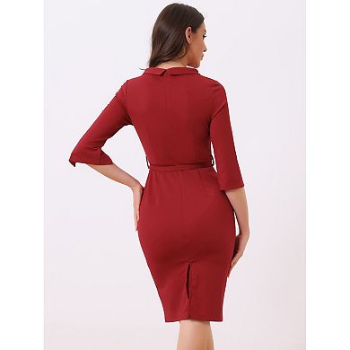 Office Sheath Dress For Women 3/4 Sleeves Belted Mock Neck Pencil Dresses