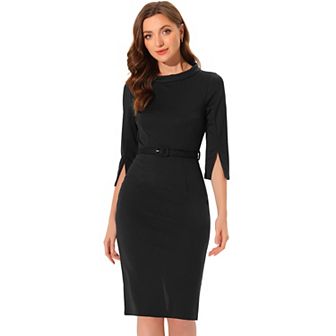 Office Sheath Dress For Women 3/4 Sleeves Belted Mock Neck Pencil Dresses