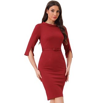 Office Sheath Dress For Women 3/4 Sleeves Belted Mock Neck Pencil Dresses