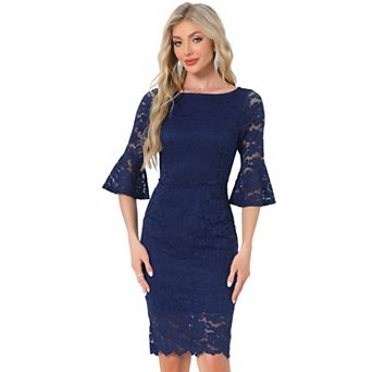 Lace Sheath Dress For Women Boat Neck Bell Sleeve Vintage Cocktail Dress