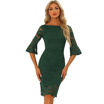 Lace Sheath Dress For Women Boat Neck Bell Sleeve Vintage Cocktail Dress