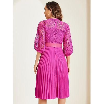 Women's Floral Lace Dress 3/4 Sleeves Belted Panel A-line Pleated Dresses